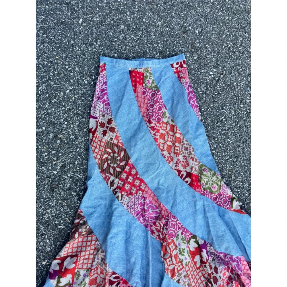 70s Vintage Spiral Patchwork Maxi Skirt Blue Denim Boho Floral Red Pink 23 Waist